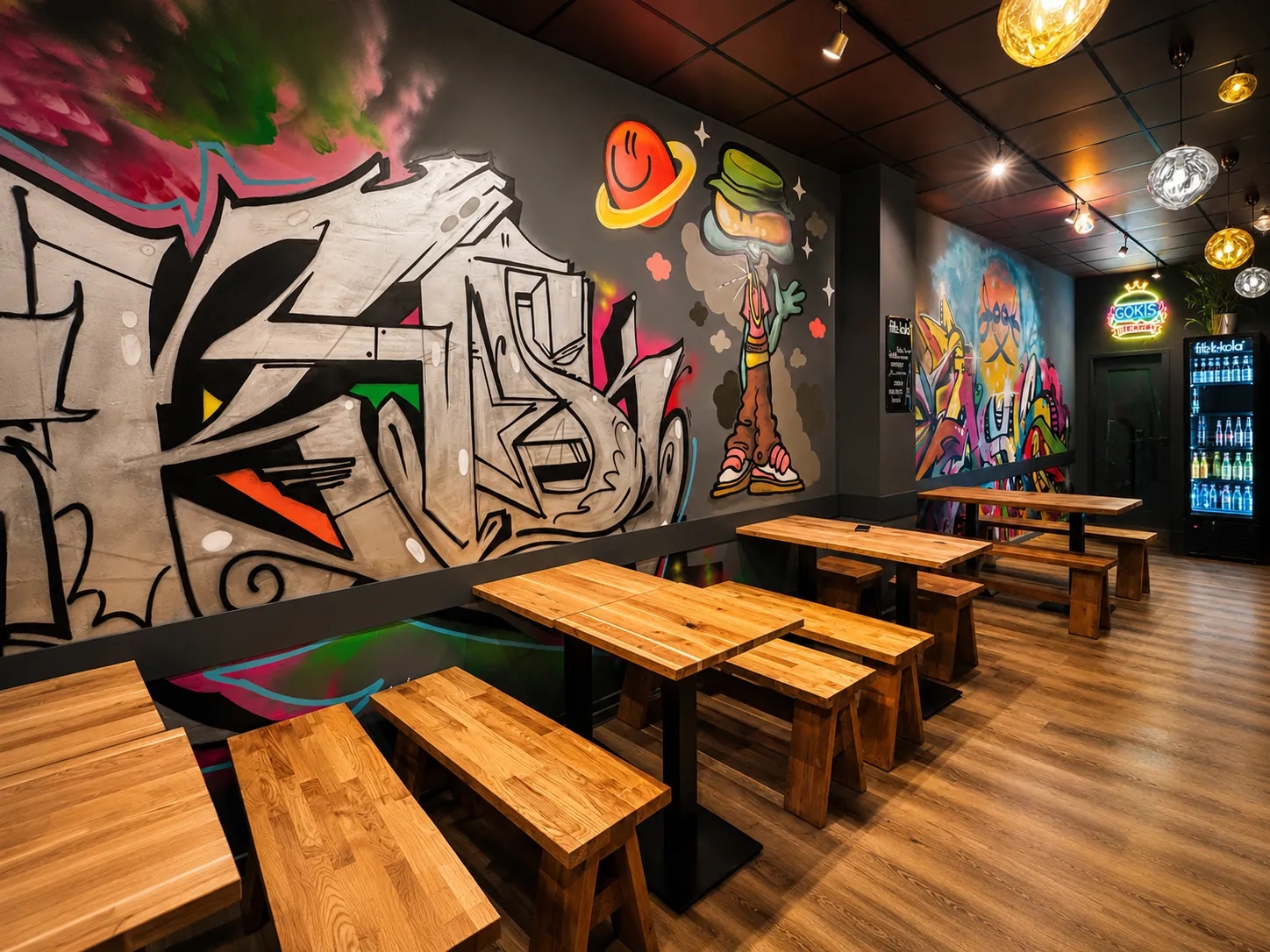 Sitzbereich mit Graffiti-Wand und Holzbänken bei Gökis
